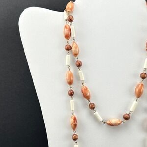 Vintage Beaded Necklace Cream Brown Marbled Acrylic Retro Long 45"